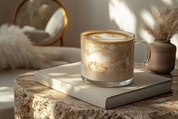 Coffee with latte art sits atop a book on a textured surface bathed in soft natural light creating a warm inviting aesthetic