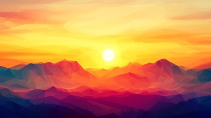 Fototapeta premium Sunset Over Polygonal Mountain Range Landscape