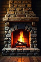 Warm orange flames dance in a rustic stone fireplace , orange, winter