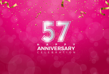 57th Anniversary celebration, 57 Anniversary celebration, Realistic 3d sign, stars, Pink background, festive illustration, Silver number 57 sparkling confetti, 57,58