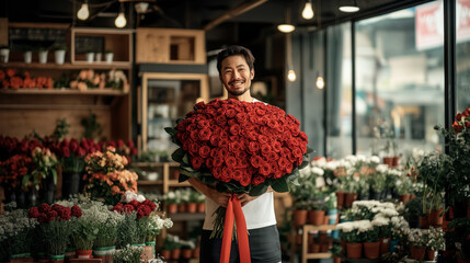 Naklejka premium Portrait of man with bunch of flowers in a flower shop