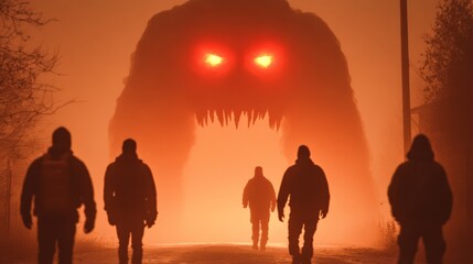 Fototapeta premium Silhouetted figures walk toward a large, ominous creature with glowing red eyes in a hazy, orange landscape.