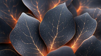 Obraz premium Glowing leaves, dark background, close-up, digital art, nature design