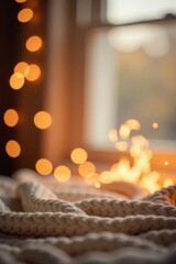 Cozy Knitted Blanket Near Window with Warm Lights