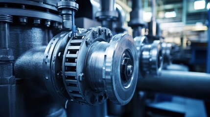 Industrial electric pump, close-up on metal components, precision pipes, and secure connections.