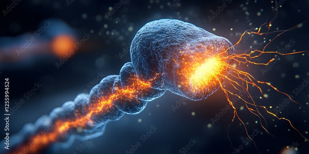 Aufkleber close-up of a neuron with electric signals and glowing effects