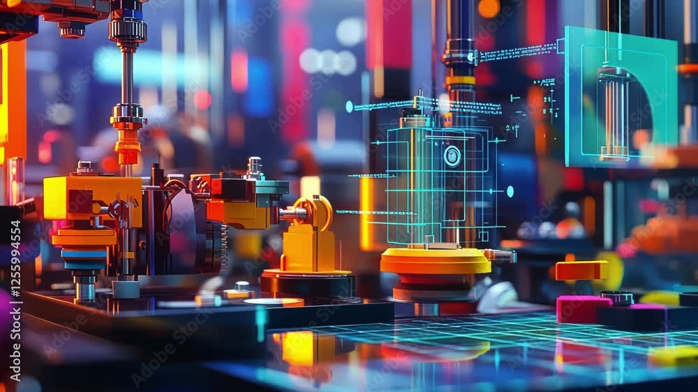 Poster robotic arms are assembling a futuristic device on a platform with a holographic overlay displaying 