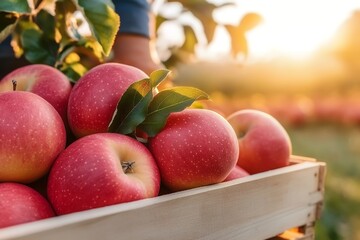 Sunlit red apples freshly picked from the orchard are displayed in a rustic wooden crate