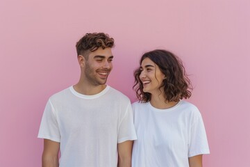 Portrait of a glad caucasian couple in their 20s sporting a breathable mesh jersey while standing against solid pastel color wall