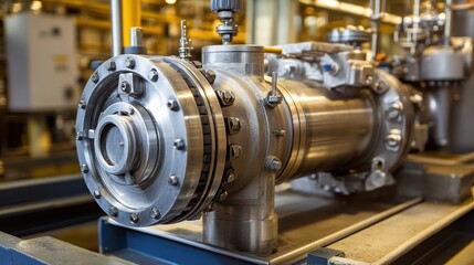 Petrochemical electric pump, intricate metal parts, robust casing, detailed connections in plant.