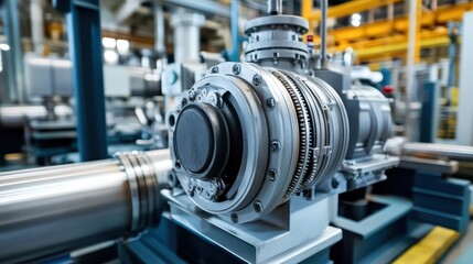 Fototapeta premium Macro of electric pump in industrial setting, showing durable metal components and secure pipes.