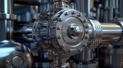 Industrial electric pump, detailed view of bolts, valves, and pipes with polished metal structure.
