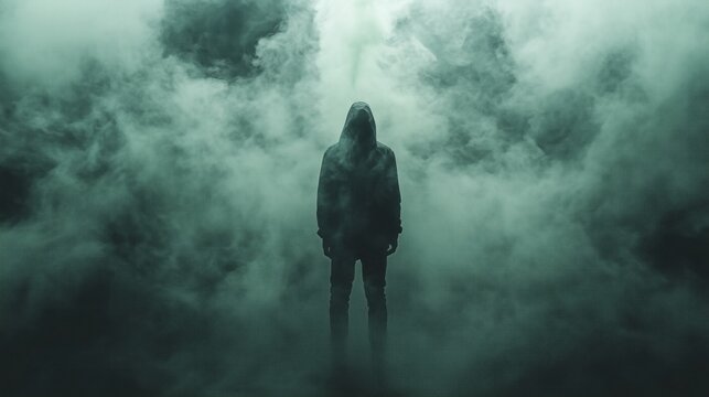 Mysterious figure in foggy environment creating an eerie minimalist atmosphere