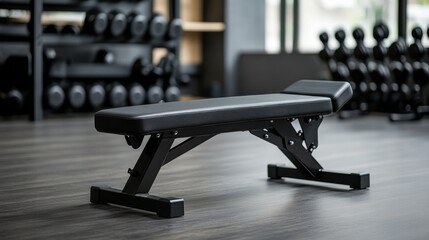Fototapeta premium A black adjustable weight bench sits in a modern gym. Dumbbells are in the background, suggesting a workout environment. The bench is clean and well-maintained