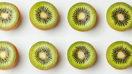 Fototapeta premium Vibrant kiwi fruit slices arranged geometrically on a stark white surface