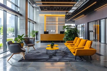 Modern Office Lobby Design: Stylish Yellow Sofa and Grey Chairs in a Contemporary Reception Area with Floor-to-Ceiling Windows, Illuminating LED Lighting, and Lush Potted Plants