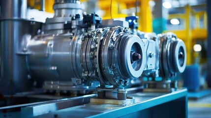 Obraz premium Electric pump macro in industrial plant, durable metal structure, complex engineering, secure connections.
