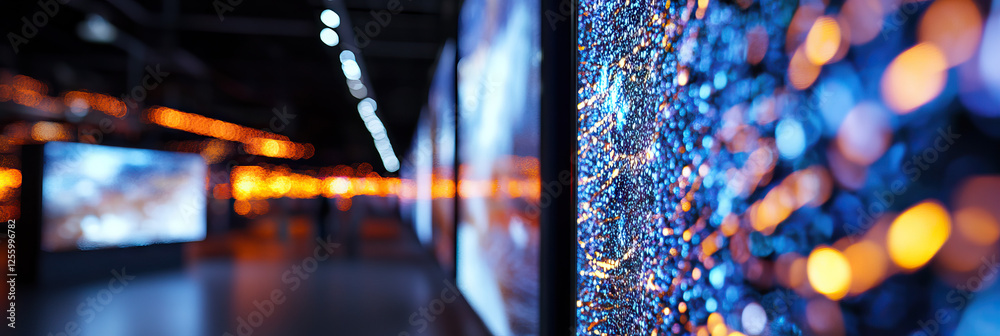 Poster close-up of illuminated display with bokeh lighting and blurred background