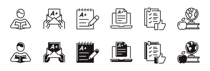 exam test icon line set education school quiz assessment questionnaire score pass grade signs vector outline illustration