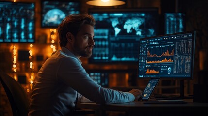 Professional analyzing data in a modern office setting with advanced technology and global maps for business insights