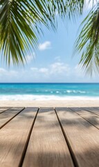 Fototapeta premium Tropical beach view through palm fronds from a rustic wooden boardwalk perspective