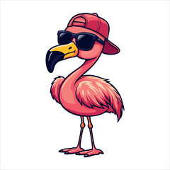stylish flamingo wearing a backward baseball cap and sunglasses exuding cool and confident energy