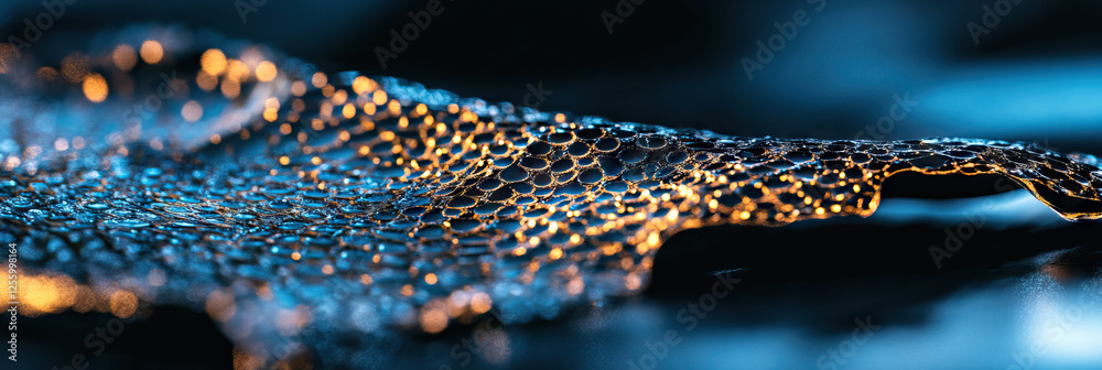 Poster close-up of textured surface with illuminated circular elements