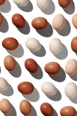 Pattern of Brown and White Eggs with shadows, minimal style aesthetic holiday background, isolated natural organic chicken eggs, breakfast ingredients,  minimalist food composition, neutral color