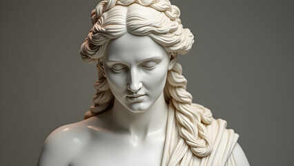 A classical marble statue bust of Juno, the Roman queen of the gods. Her serene yet powerful expression, intricate braided hair, and dignified posture embody wisdom, authority, and divine femininity.