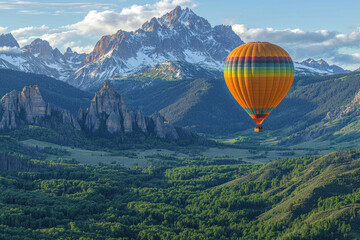 Naklejka premium Hot air balloon over green valley and snowy mountain peaks