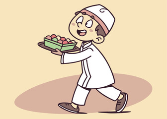Ramadan Delight, Young Muslim Boy Serving Festive Sweets Eid Tray Food Cute Happy Child Iftar Faith 