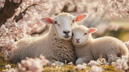 Naklejka premium Springtime serenity with ewe and lamb among blossom trees, perfect for nature-themed designs