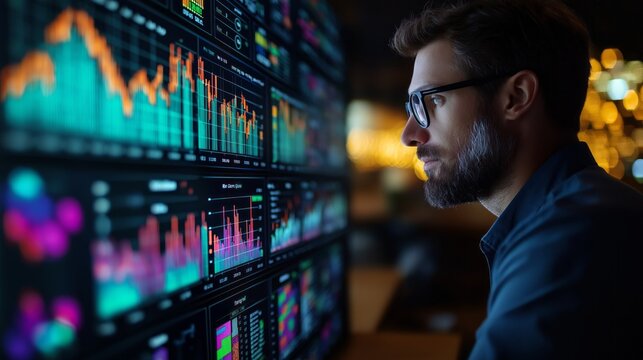 Analytical professional evaluating  data visualizations HUD Interface  in a modern office environment