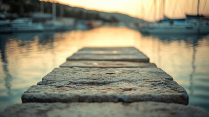 Fototapeta premium Stone pathway leading to calm waters with boats at sunset creates serene atmosphere
