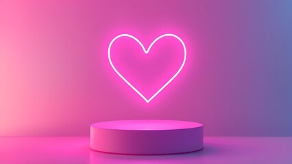 Vivid pink neon heart shape is standing on a pink podium, lighting up the whole scene