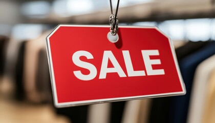 A vibrant red sale tag hangs prominently, signaling discounts and promotions in a retail environment.
