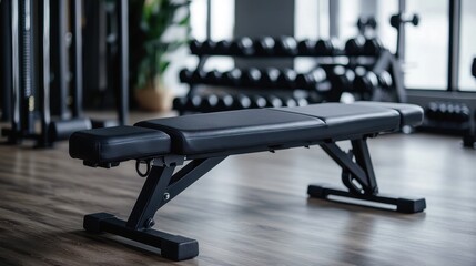 Fototapeta premium A black adjustable weight bench sits in a modern gym. Dumbbells are in the background, suggesting a workout environment. The bench is clean and well-maintained