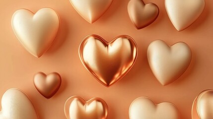 Valentine's Day. 3D rendered golden and beige hearts on a soft - toned background, ideal for love - themed designs and wallpapers.