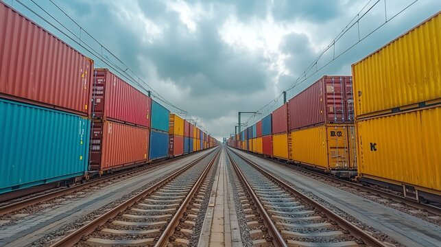 Colorful Cargo Containers on Railway Tracks Under Cloudy Sky