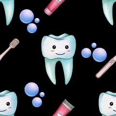 Seamless Pattern Mint Kawaii Tooth and Toothpaste with Toothbrush and Bubbles Big Design on Black Background