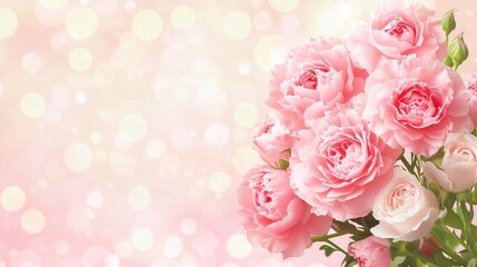 Obraz premium Valentine's Day. Bouquet of soft pink roses and peonies on a bokeh - effect pink background, perfect for romantic and love - themed designs and wallpapers.