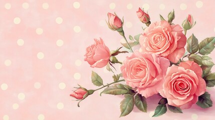 Valentine's Day. Pink roses with buds on a pastel polka - dot background, suitable for romantic and love - themed designs and wallpapers.