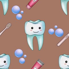 Seamless Pattern Mint Kawaii Tooth and Toothpaste with Toothbrush and Bubbles Big Design on Mocha Mousse Background
