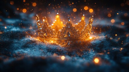 Naklejka premium Golden crown, dark fantasy, glowing, dust, power, royalty, achievement, success