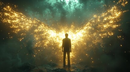Fototapeta premium Surreal Depiction of a Glowing Winged Figure Symbolizing Spiritual Ascension and Awakening