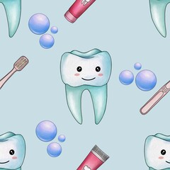 Seamless Pattern Mint Kawaii Tooth and Toothpaste with Toothbrush and Bubbles Big Design on Pastel Blue Background