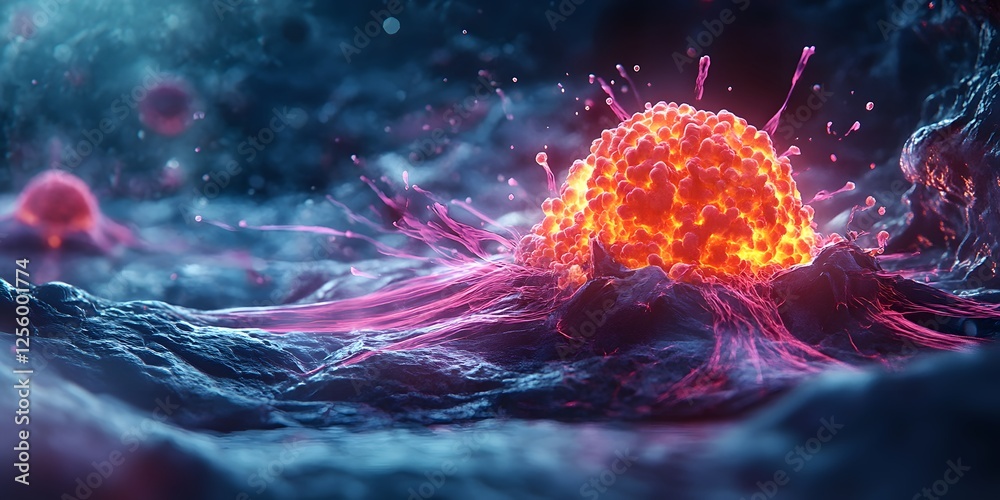 Poster close-up view of vibrant microbial cell in abstract environment