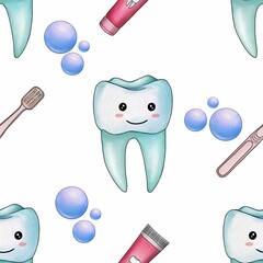 Seamless Pattern Mint Kawaii Tooth and Toothpaste with Toothbrush and Bubbles Big Design on White Background
