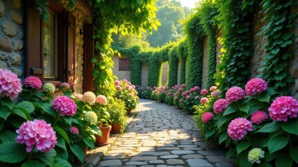 Sun-drenched cobblestone pathway bordered by lush hydrangeas and ivy-covered stone walls creating a picturesque garden scene