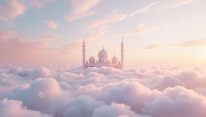Naklejka premium Dreamy mosque skyline with soft clouds at sunset, Eid al-Fitr celebration